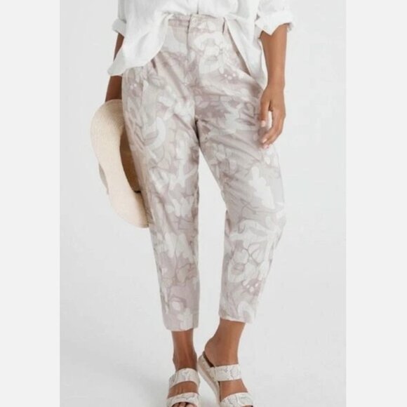 Anthropologie Frannie Print Tapered Pants Sz 16W Linen Blend Beige Floral Leaves - Picture 1 of 11